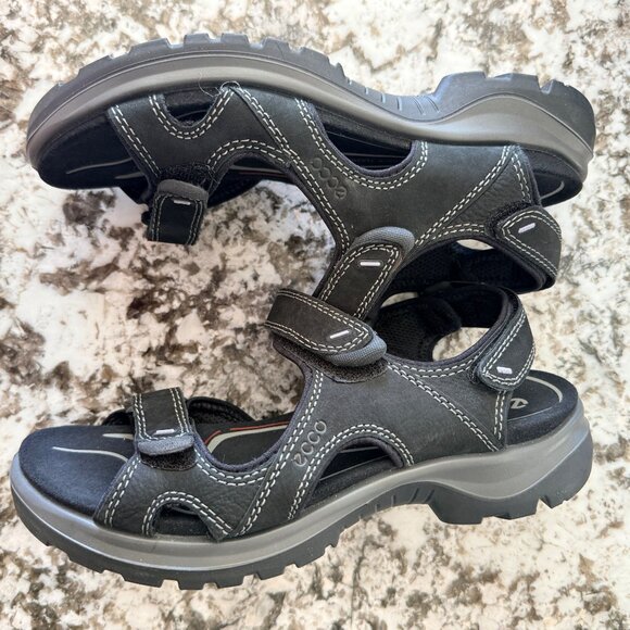 Ecco Yucatan Sandals Womens 7 Black Leather Adjustable Straps Textured Sole - Picture 3 of 14